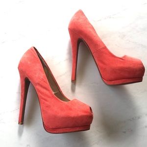 Coral Peep Toe Heels